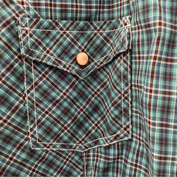Panhandle Rough Stock turquoise and brown plaid long-sleeve western shirt, Med - Picture 4 of 9